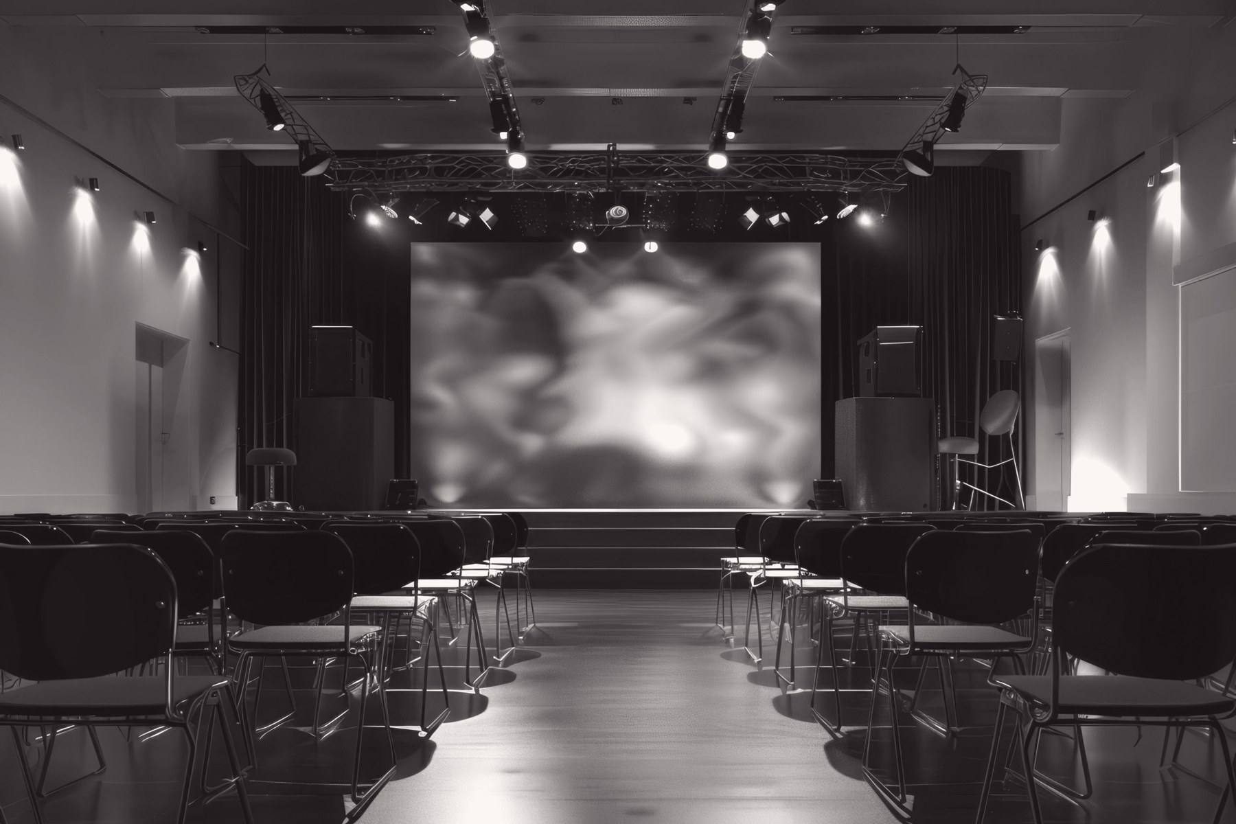 Sala per eventi con palco illuminato, schermo e file di sedie, in bianco e nero